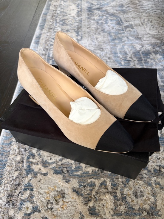 CHANEL Shoes - CHANEL Beige Suede Pumps with Black Cap Toe